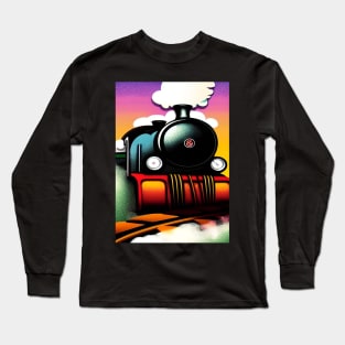 POPART COMIC STYLE GREEN AND BLUE STEAM TRAIN Long Sleeve T-Shirt